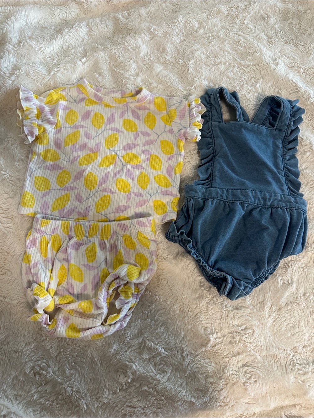 Cat & Jack Lemon Print Top and Blue Ruffle Romper Set